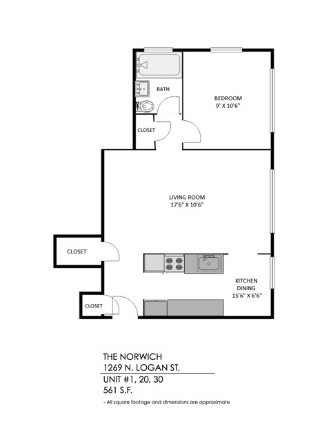 Floor plan for 1 bed, 1 bath, 561 sqft